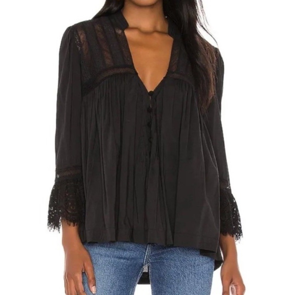 Free People Womens Esme Button Down Blouse Top‎ Sz XS Black Long Sleeve Lace